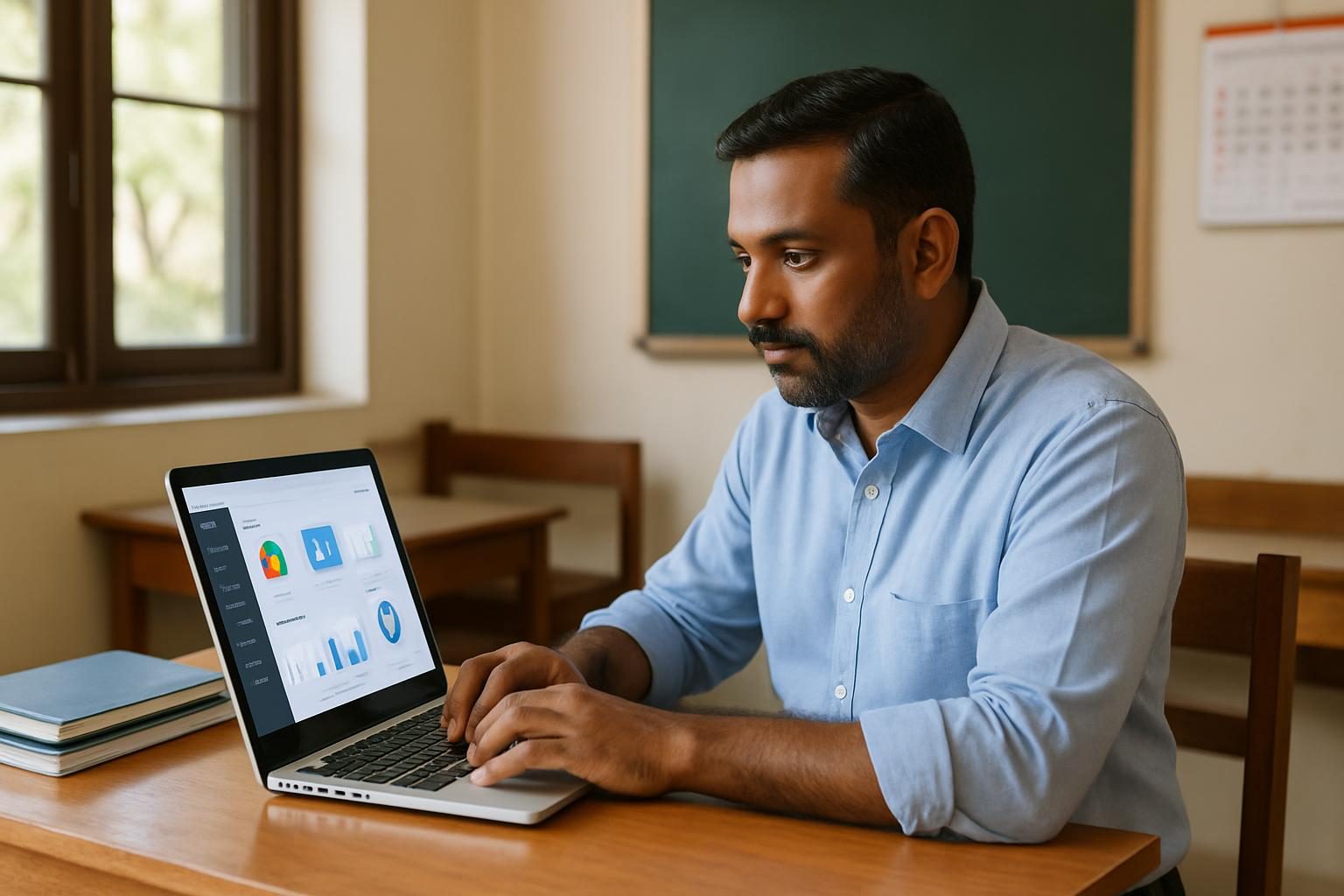 School administrator reviewing ERP dashboard on laptop in a school office