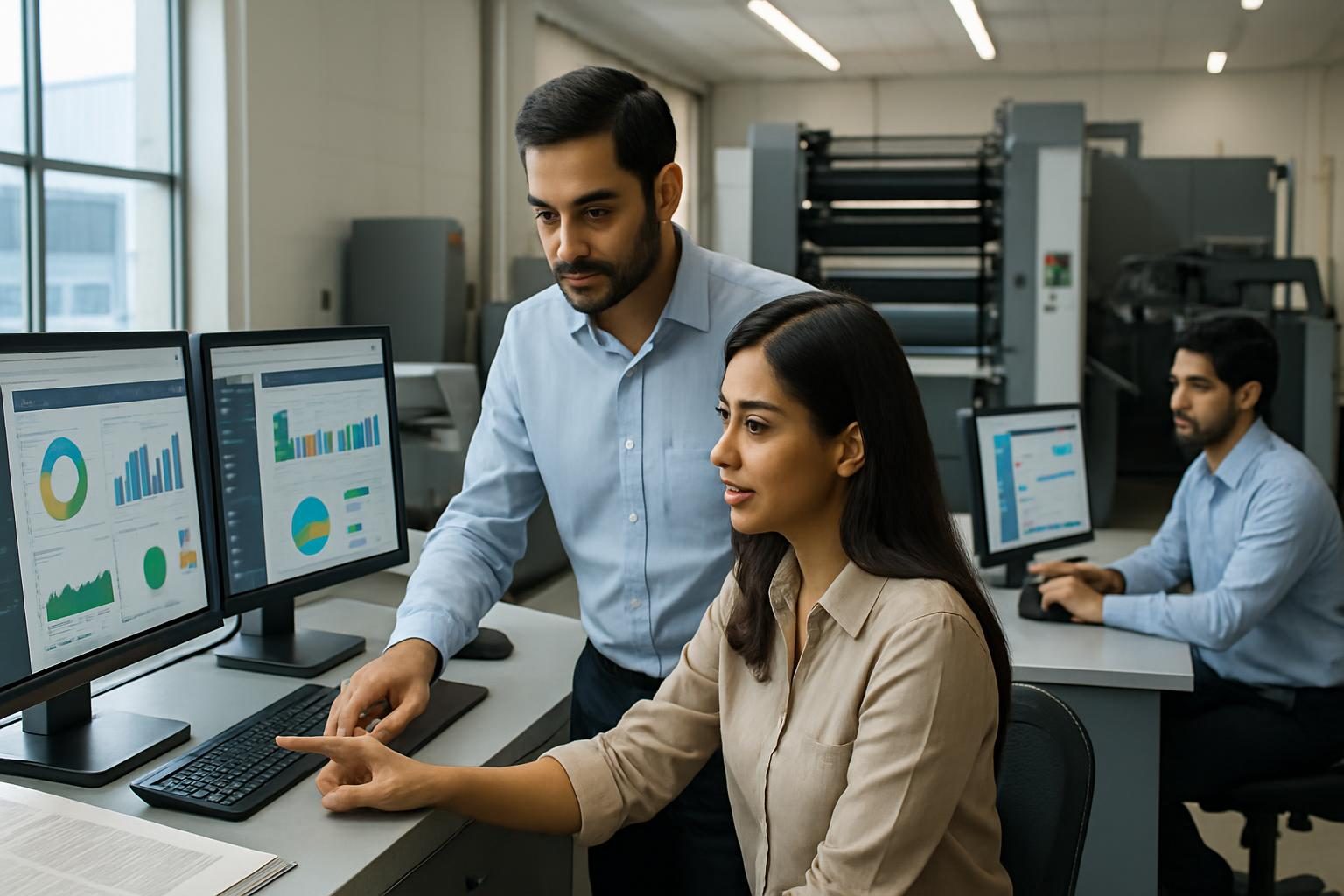 Printing press staff working with cloud ERP dashboards on computers