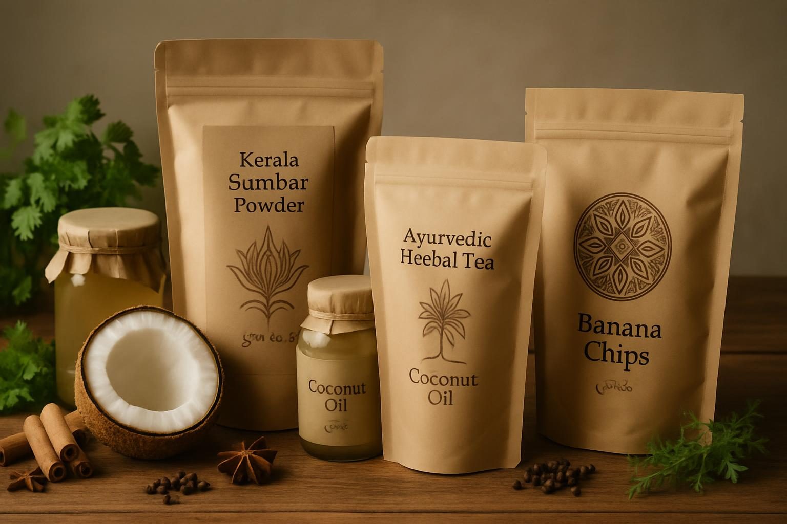 Packaged Kerala food and Ayurvedic products with premium eco-friendly labels