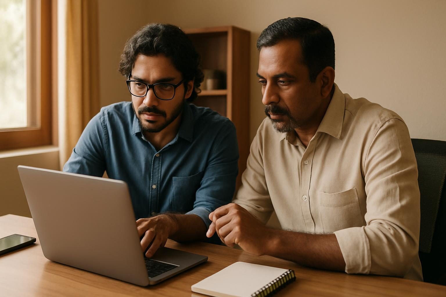 Designer and business owner reviewing website CTAs on a laptop