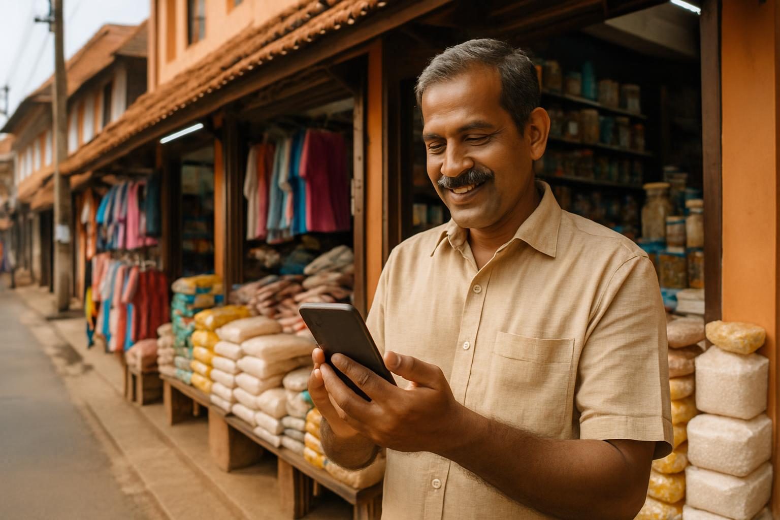 Shopkeeper in Kerala using smartphone for voice search