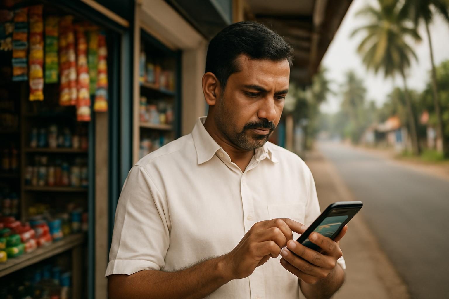Shop owner in Kerala using mobile phone with app