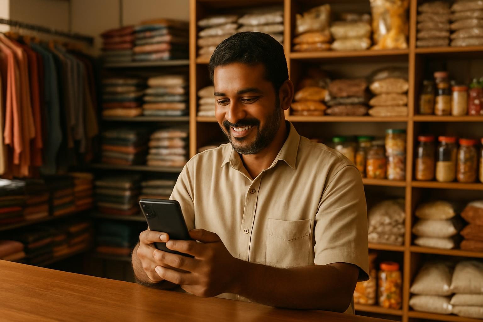Kerala shopkeeper using smartphone for social marketing