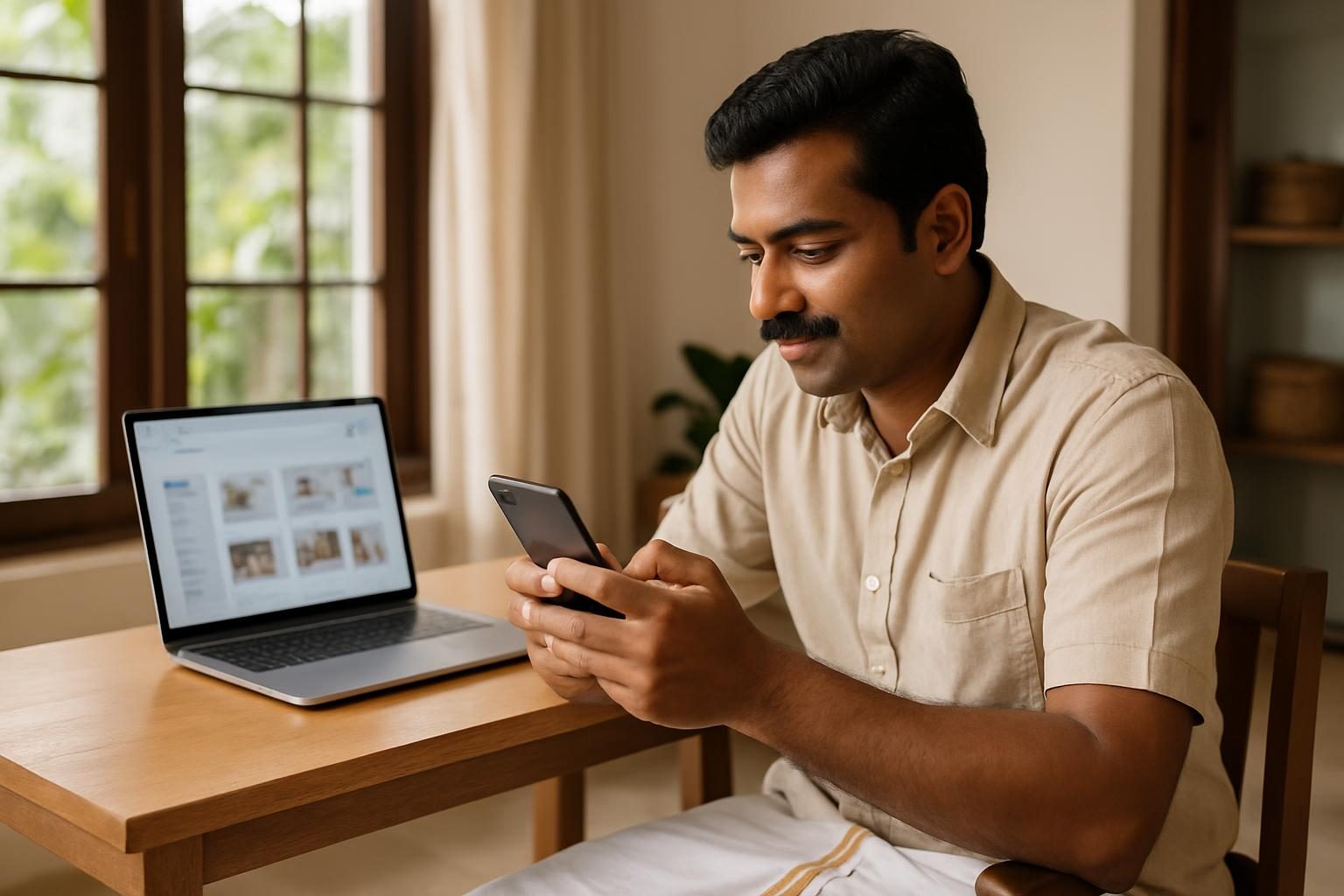 Small business owner in Kerala using smartphone and laptop to view a website